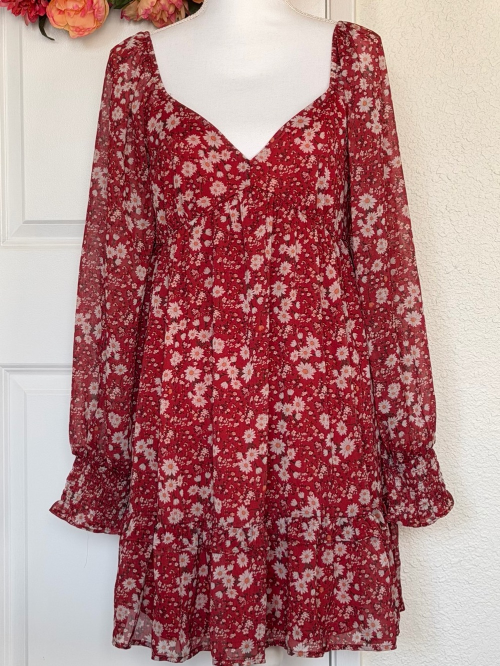 Altar'd State Red Floral Long Sleeve Babydoll Dress
